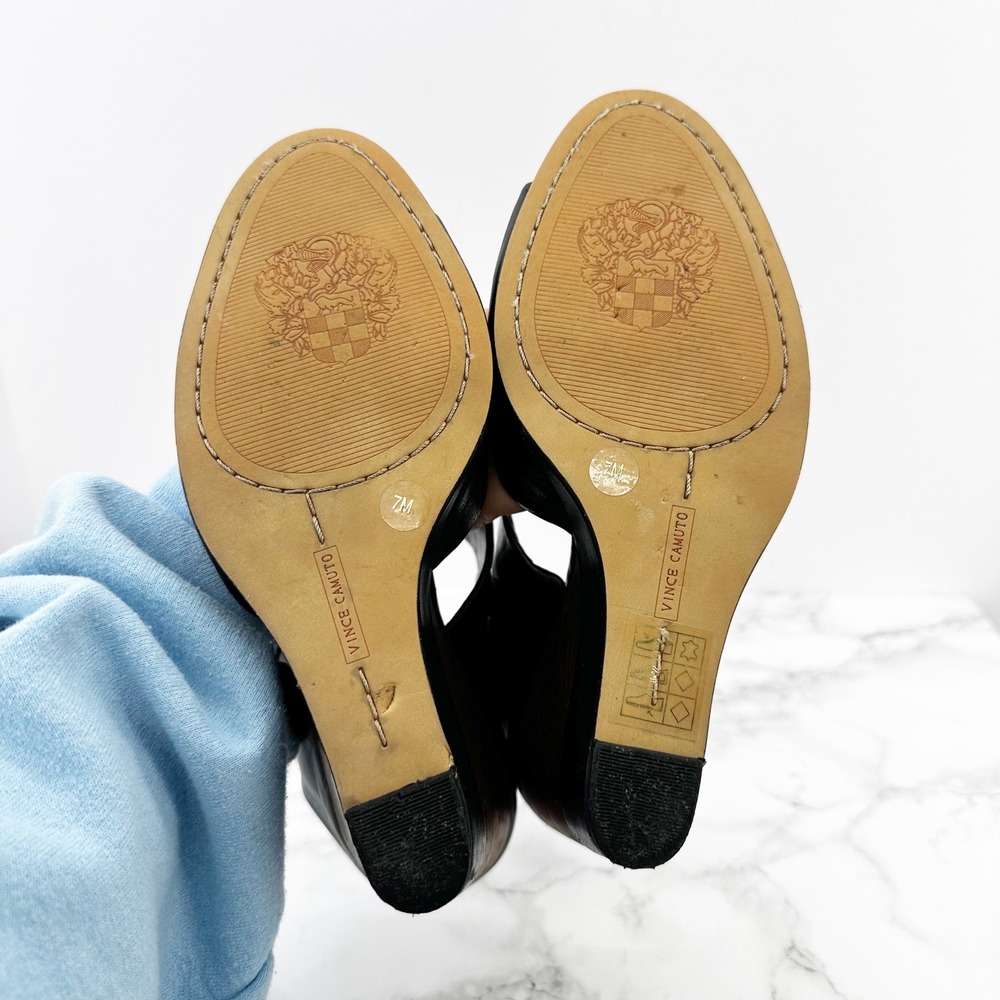 Vince Camuto Black Leather Wood Wedge Peep Toe Slides Sandals‎ Womens Size 7M - Picture 5 of 7